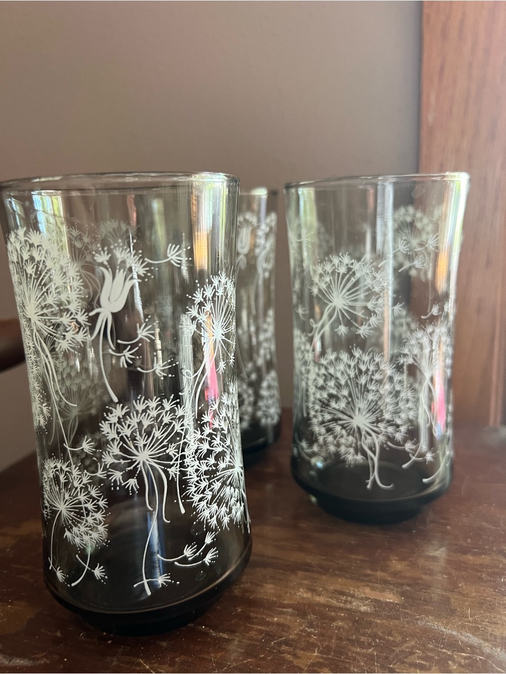 Vintage 70’s Libby Dandelion Wisp Smokey grey tumbler glasses MCM